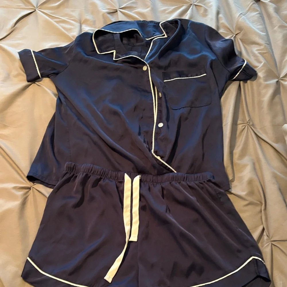 Elegant Navy Satin Pajama Set with white Accents size medium - Picture 1 of 5